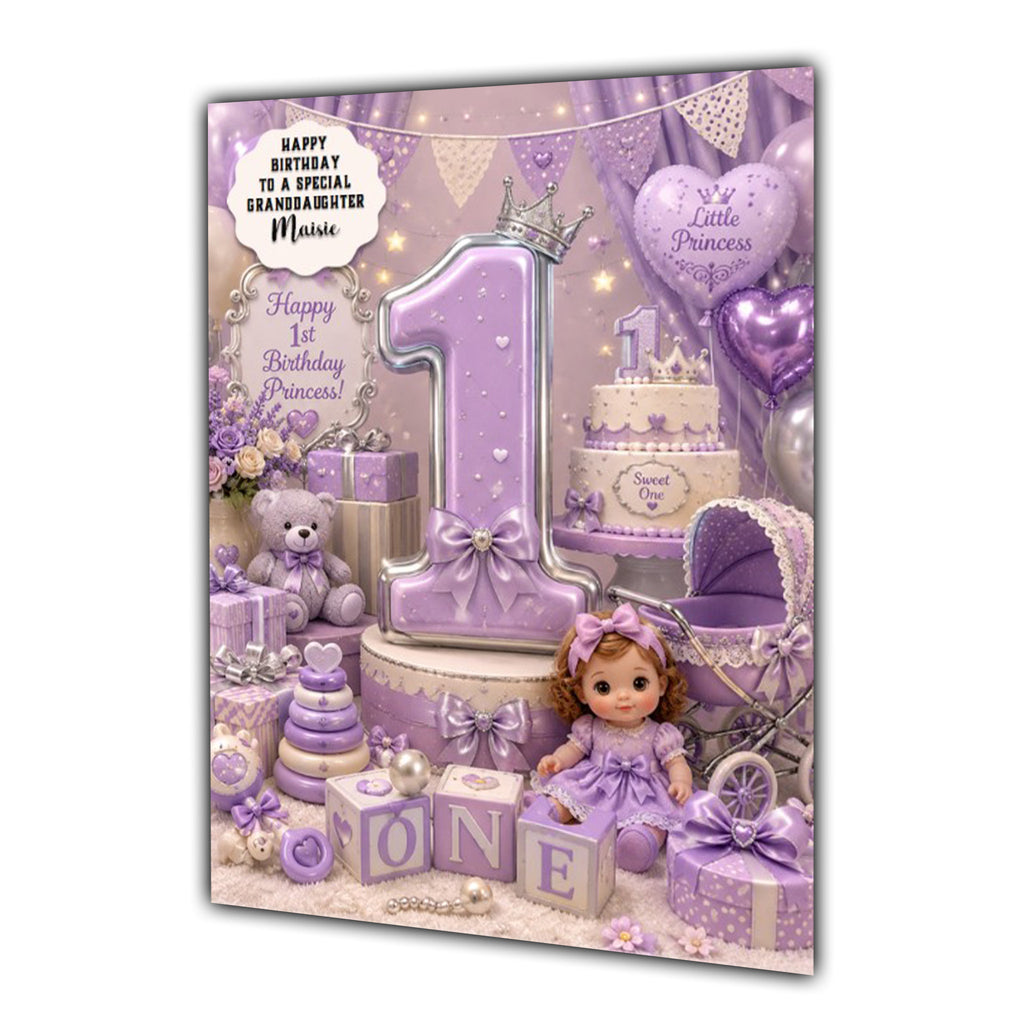 1st Birthday Card Girl Doll Pram Teddy Granddaughter Daughter Large A5 Size