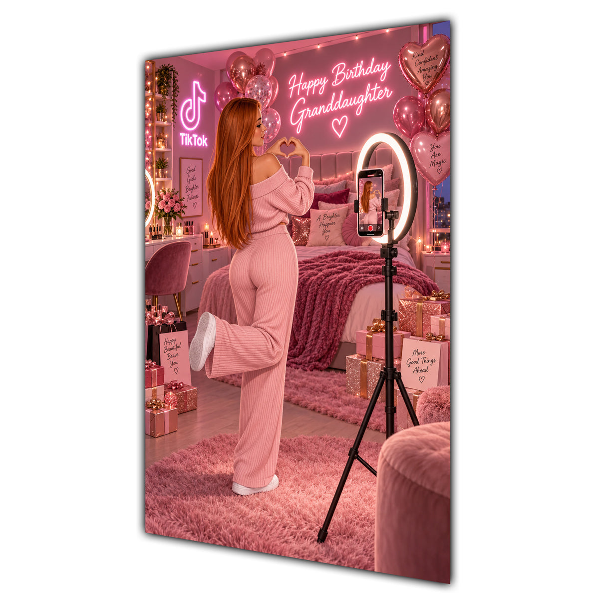 Happy Birthday Granddaughter Ginger Hair Pink Selfie Card A5