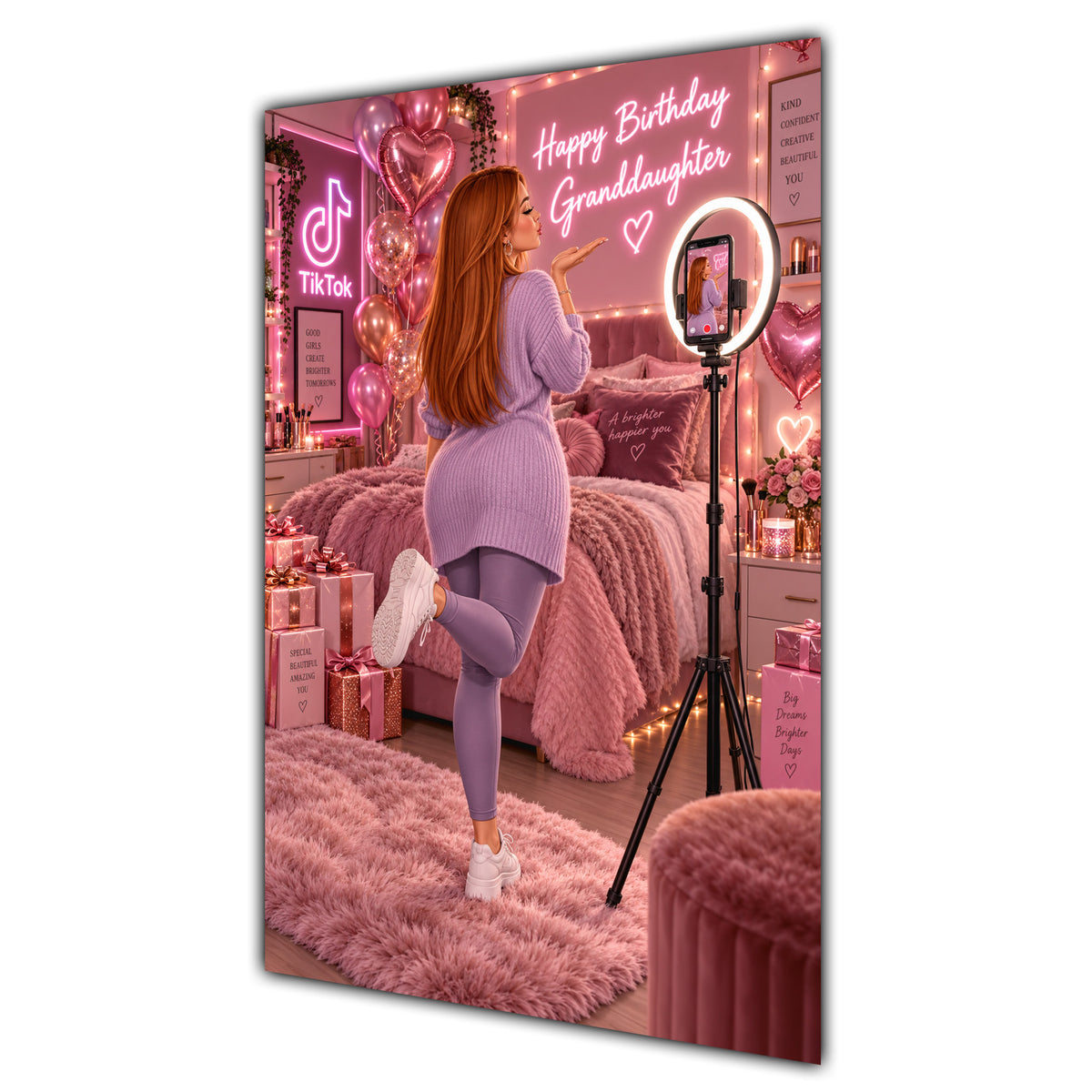 Happy Birthday Granddaughter Ginger Hair Pink Selfie Card A5