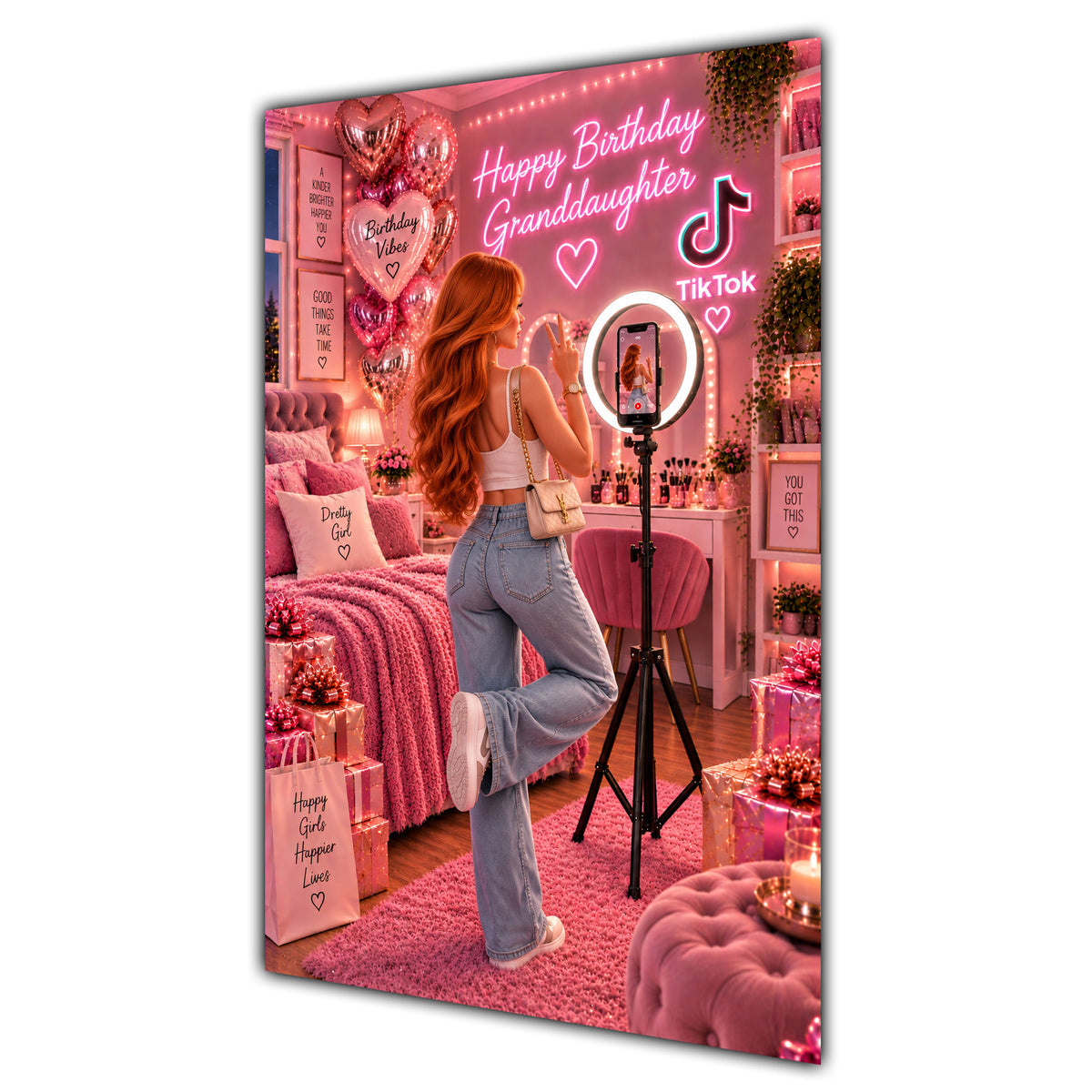 Happy Birthday Granddaughter Ginger Hair Pink Selfie Card A5