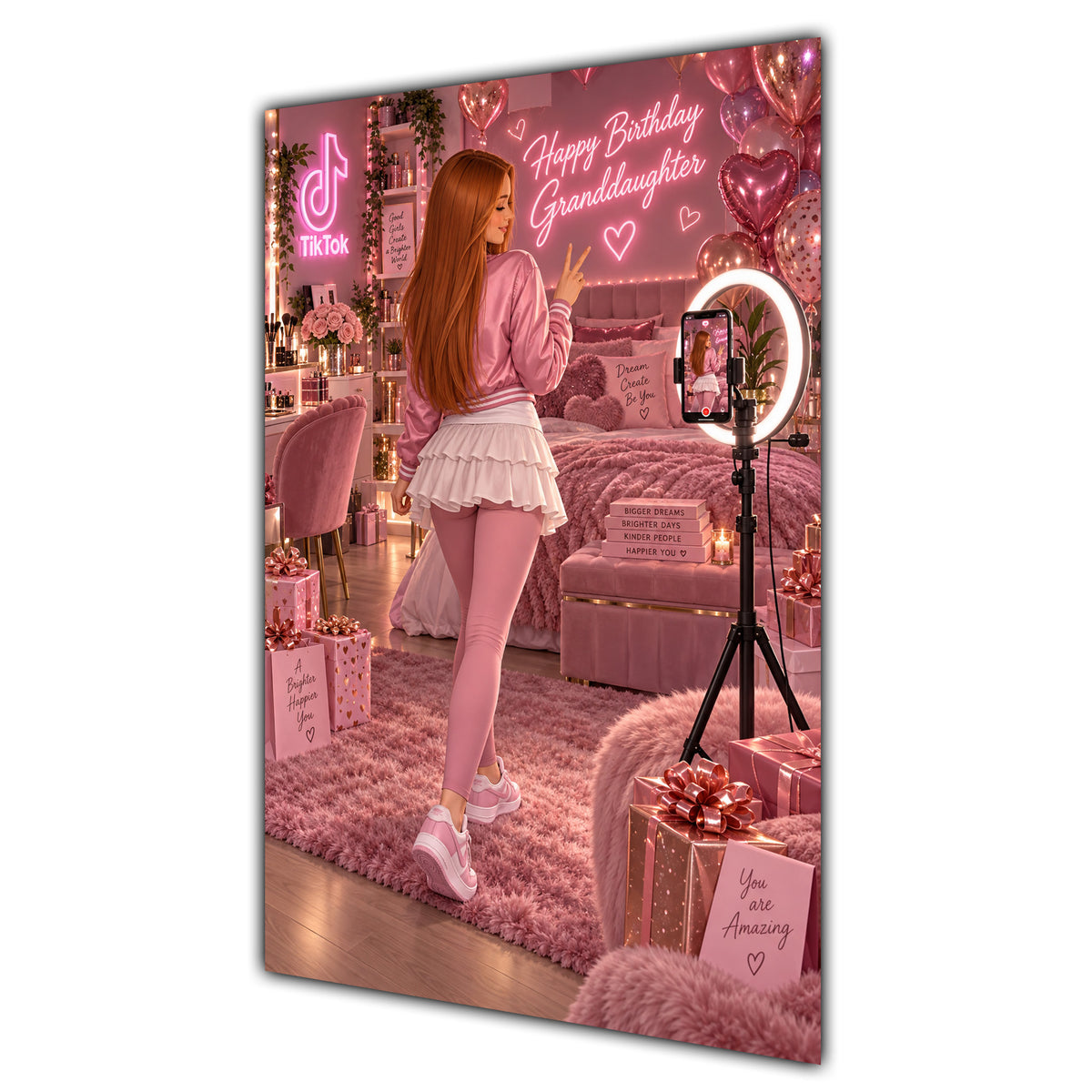 Happy Birthday Granddaughter Ginger Hair Pink Selfie Card A5