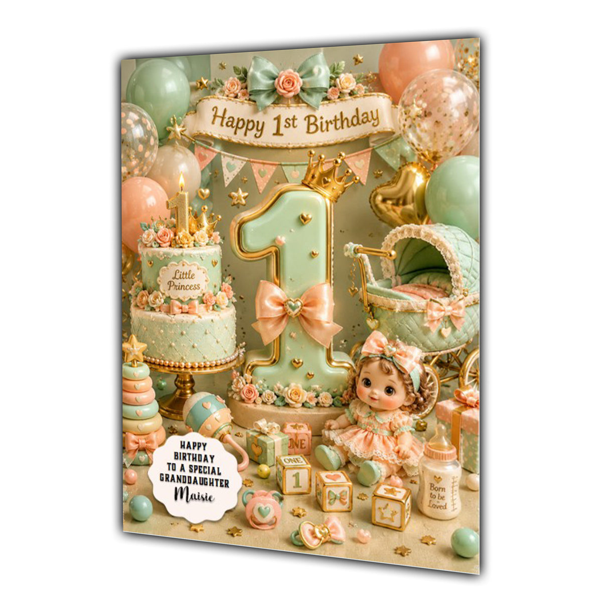 1st Birthday Card Girl Doll Pram Granddaughter Daughter Niece Large A5 Size