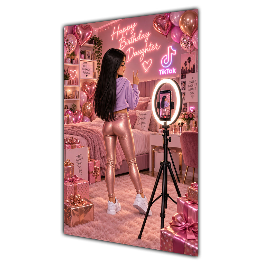 Happy Birthday Daughter Black Hair Pink Selfie Card A5
