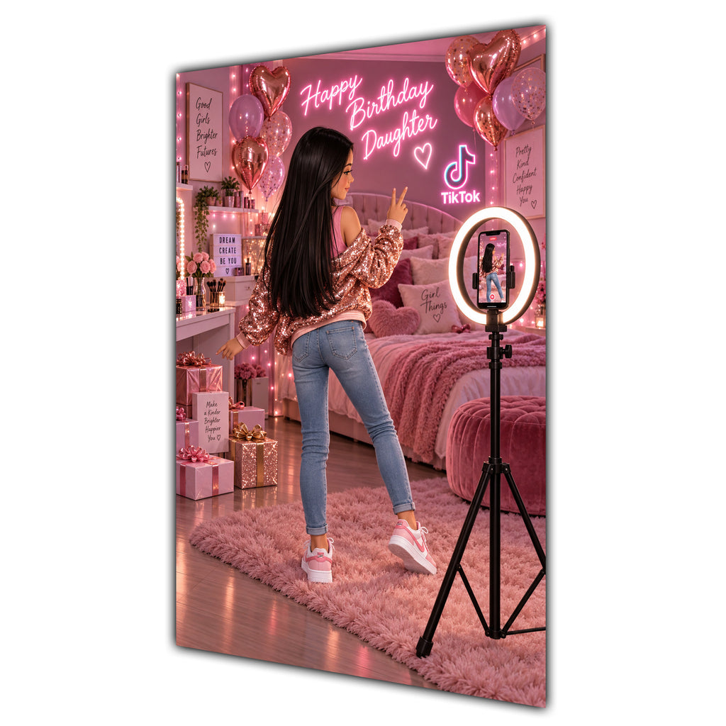 Happy Birthday Daughter Black Hair Pink Selfie Card A5