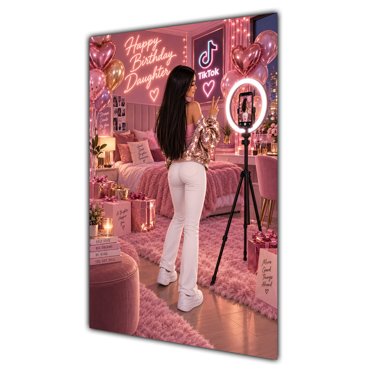 Happy Birthday Daughter Black Hair Pink Selfie Card A5
