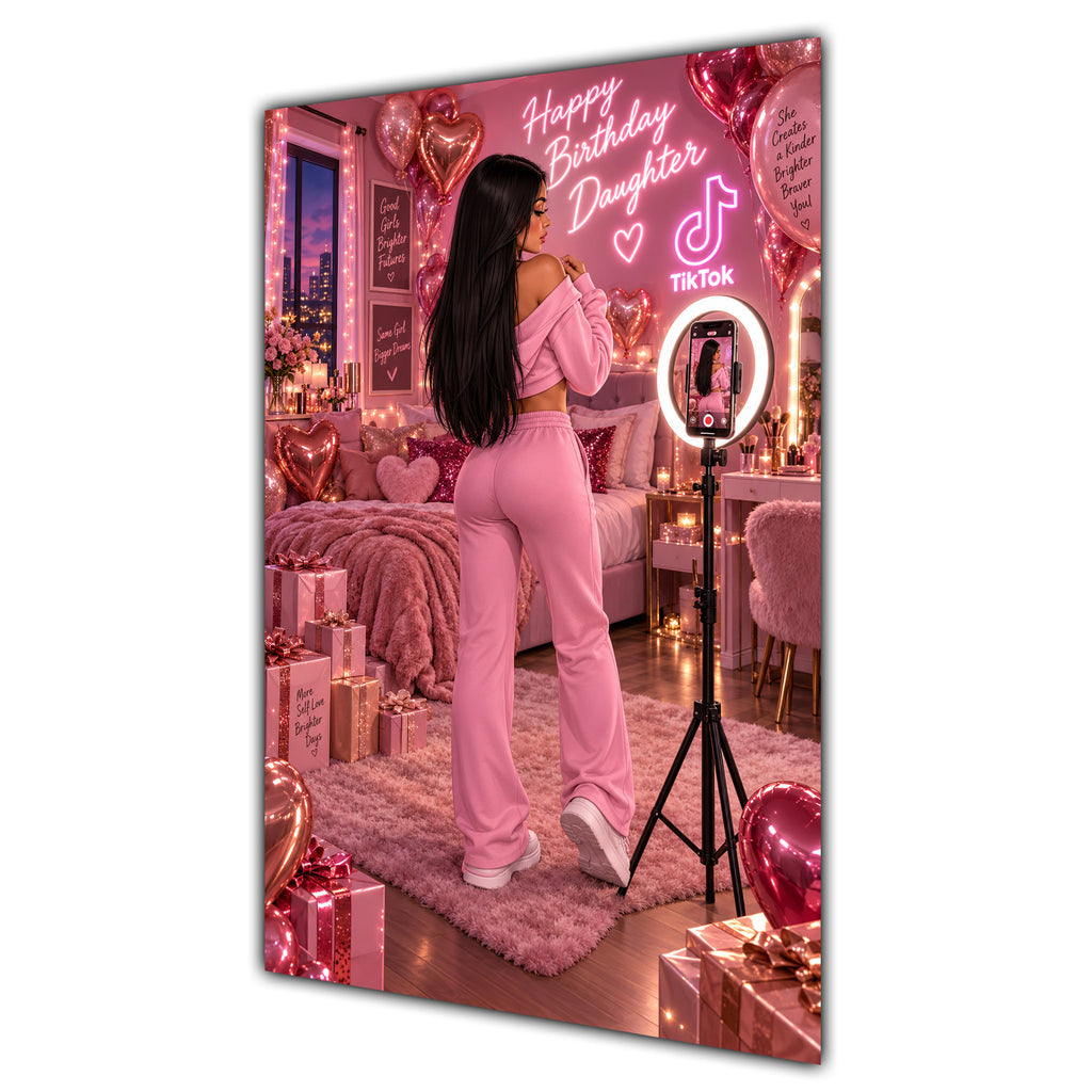Happy Birthday Daughter Black Hair Pink Selfie Card A5