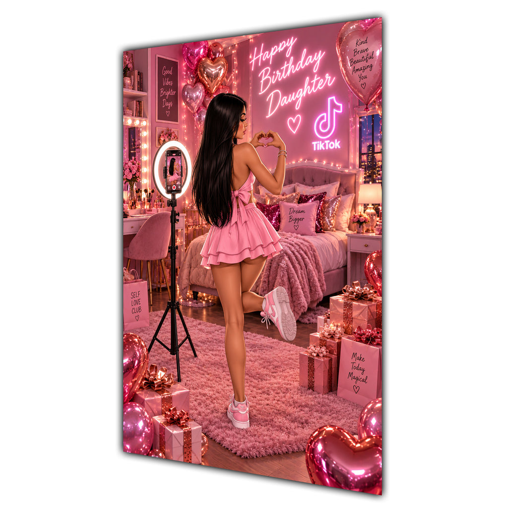 Happy Birthday Daughter Black Hair Pink Selfie Card A5