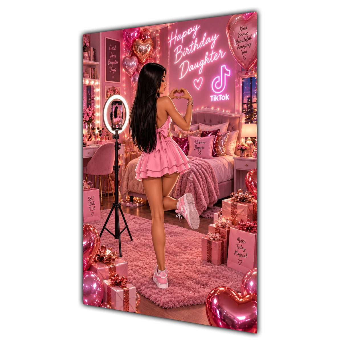 Happy Birthday Daughter Black Hair Pink Selfie Card A5