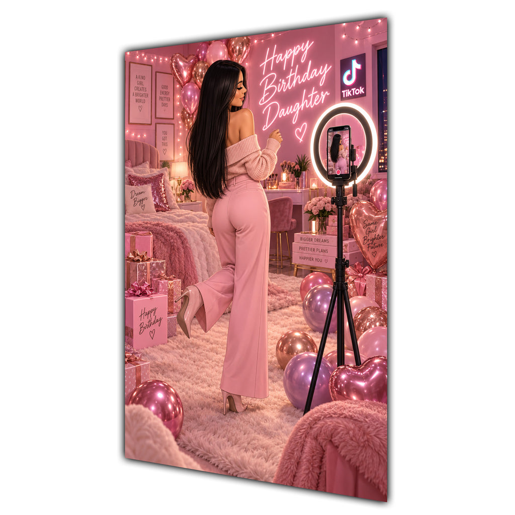 Happy Birthday Daughter Black Hair Pink Selfie Card A5