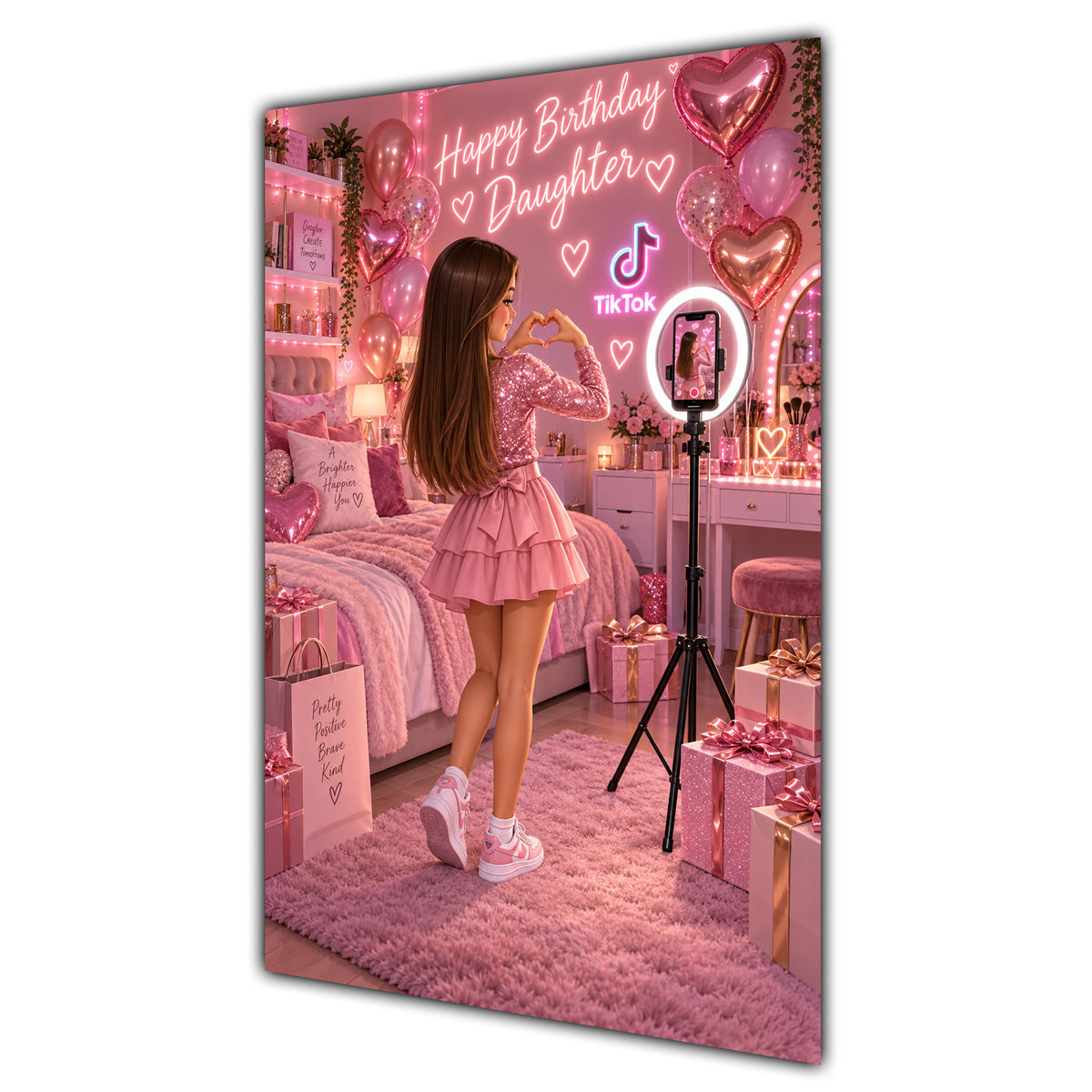 Happy Birthday Daughter Brown Hair Pink Selfie Card A5