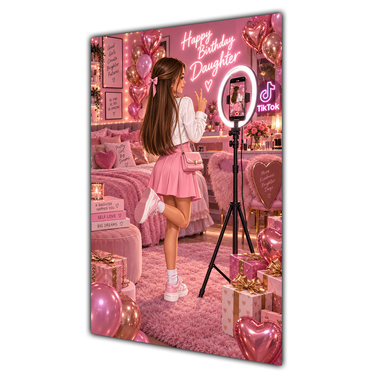 Happy Birthday Daughter Brown Hair Pink Selfie Card A5