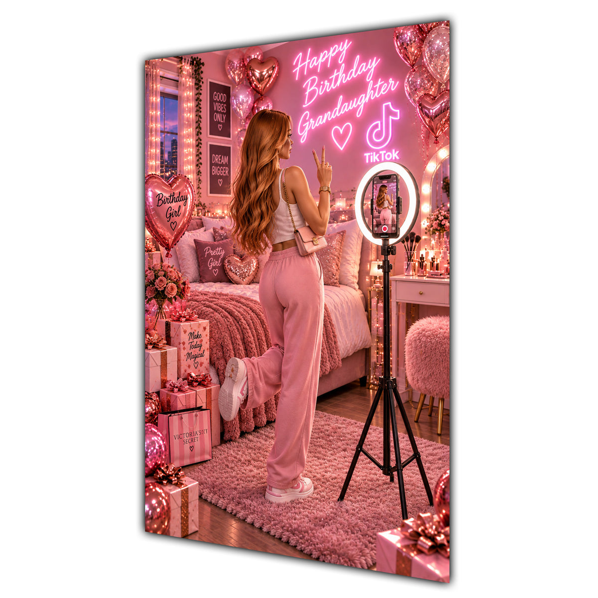 Happy Birthday Granddaughter Brown Hair Pink Selfie Card A5