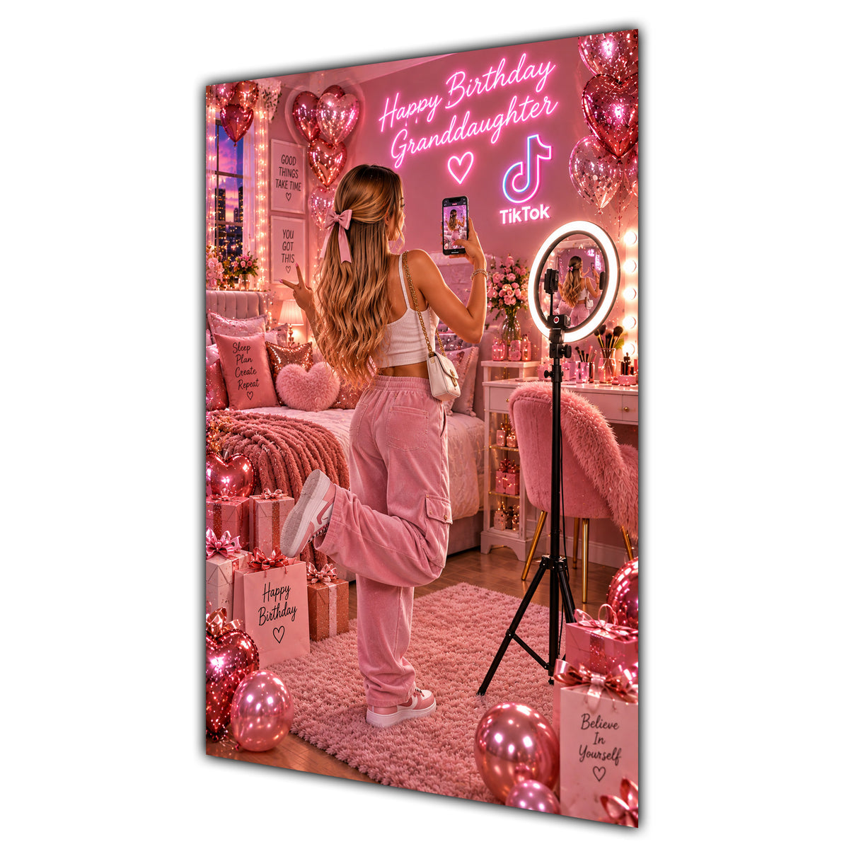Happy Birthday Granddaughter Brown Hair Pink Selfie Card A5