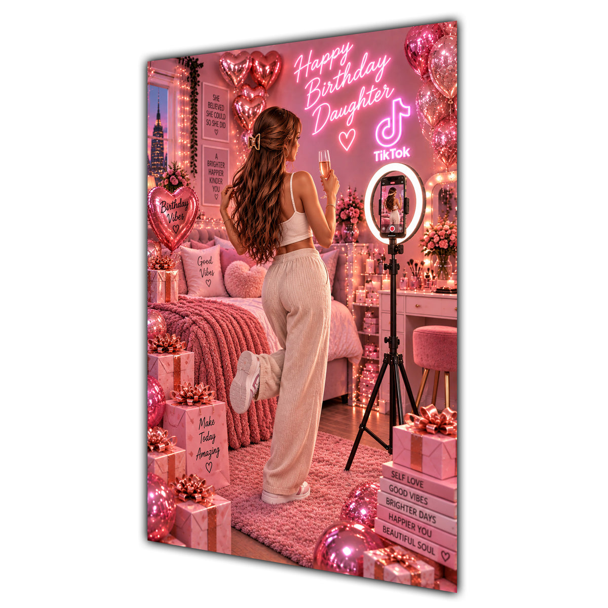 Happy Birthday Daughter Brown Hair Pink Selfie Card A5