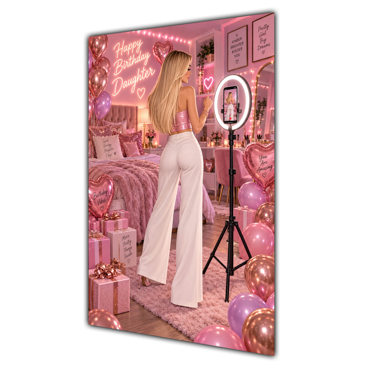 Happy Birthday Daughter Blonde Hair Pink Selfie Card A5
