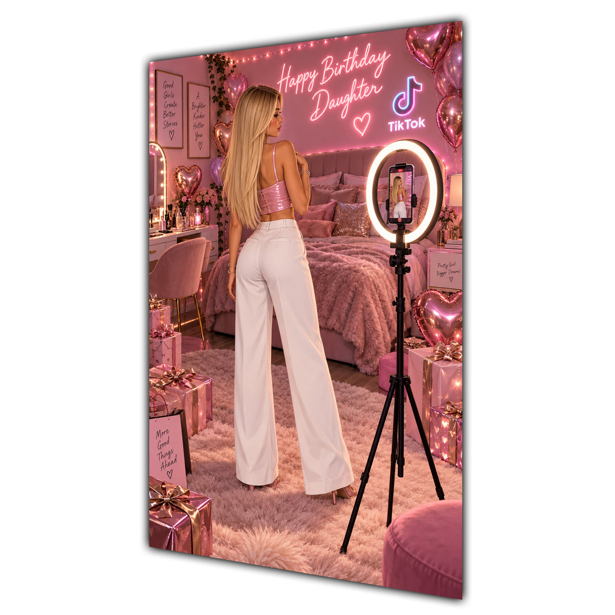 Happy Birthday Daughter Blonde Hair Pink Selfie Card A5