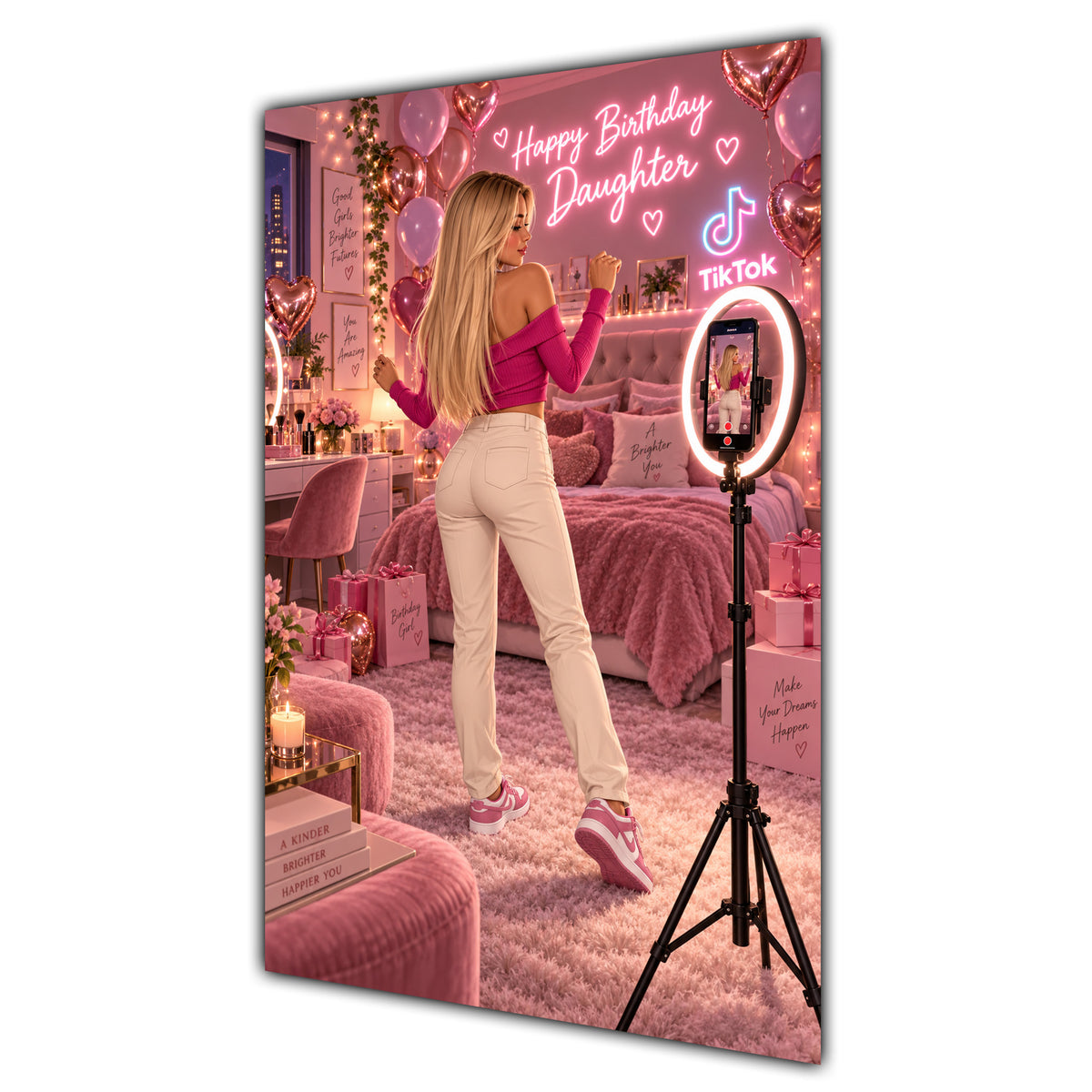 Happy Birthday Daughter Blonde Hair Pink Selfie Card A5