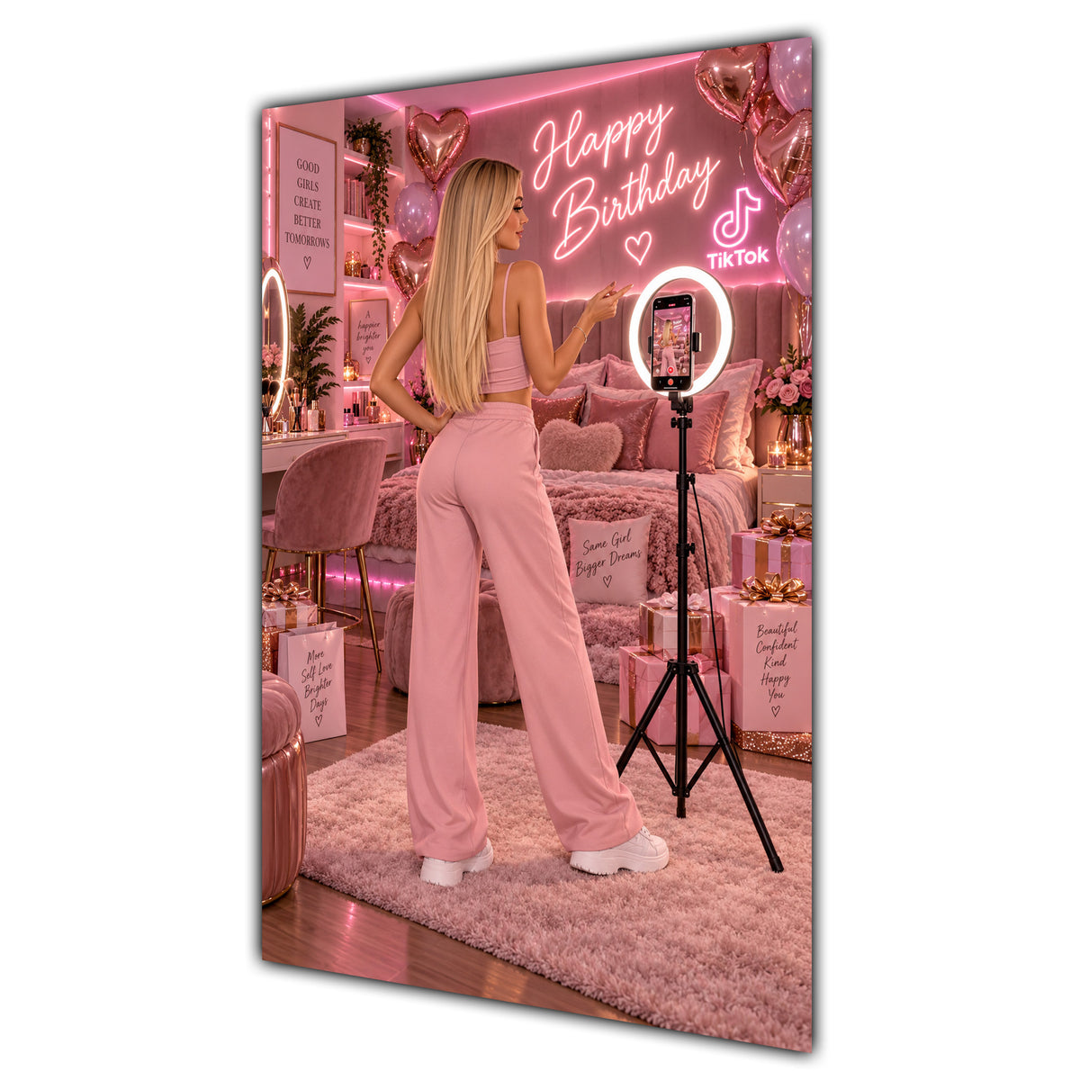 Happy Birthday Blonde Hair Pink Selfie Card A5