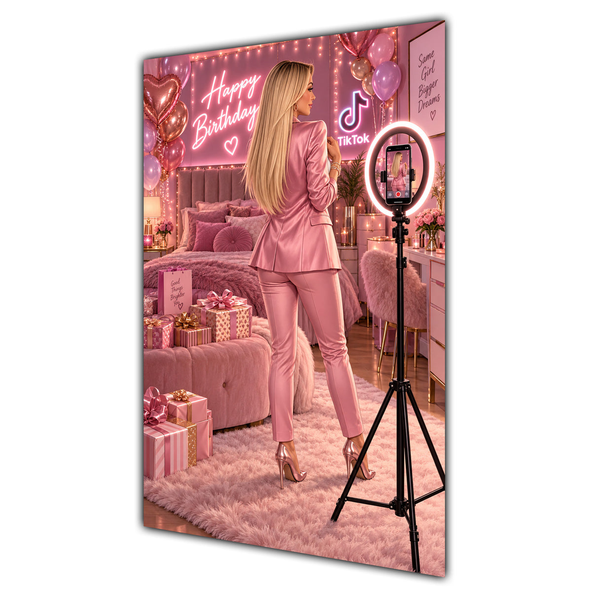 Happy Birthday Blonde Hair Pink Selfie Card A5