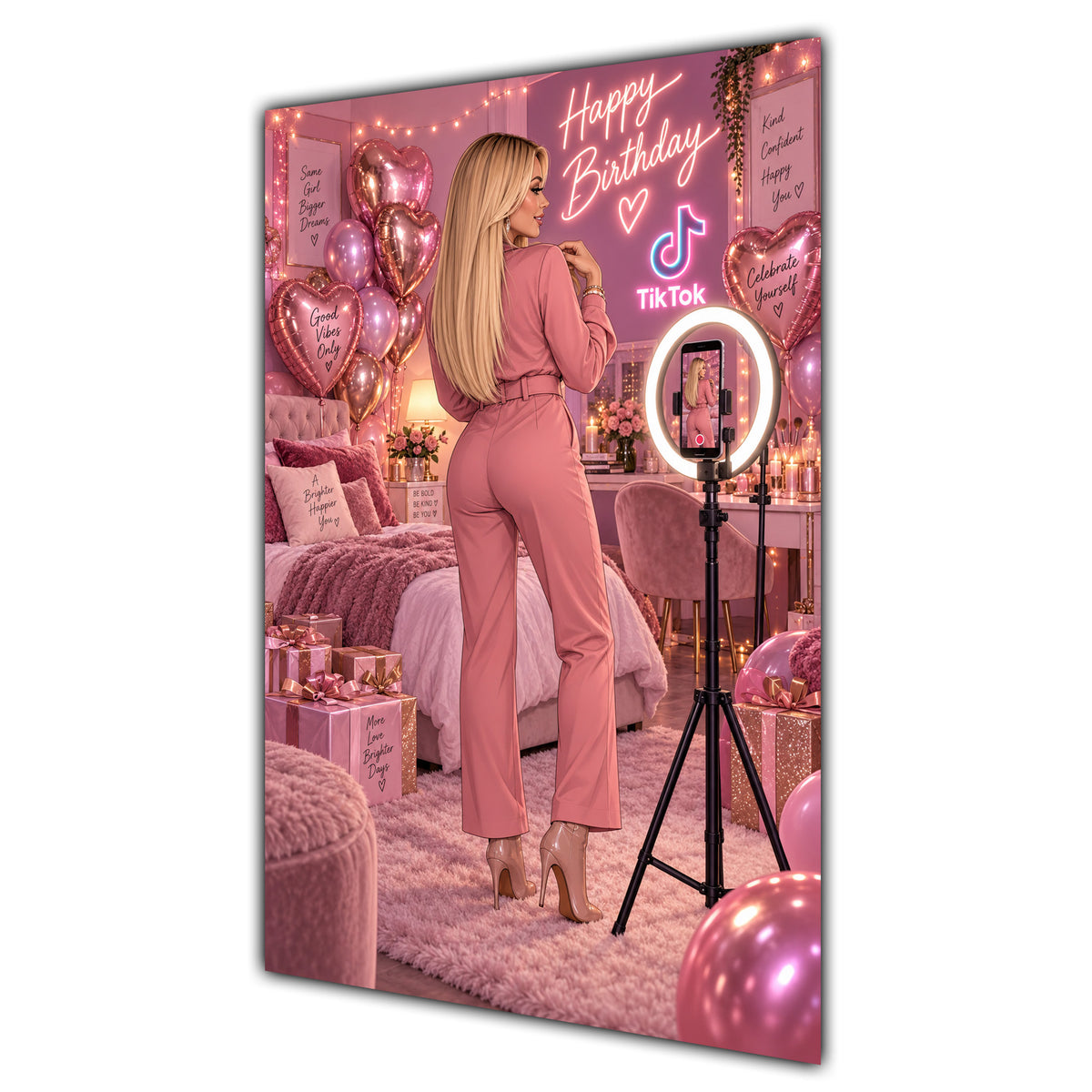 Happy Birthday Blonde Hair Pink Selfie Card A5