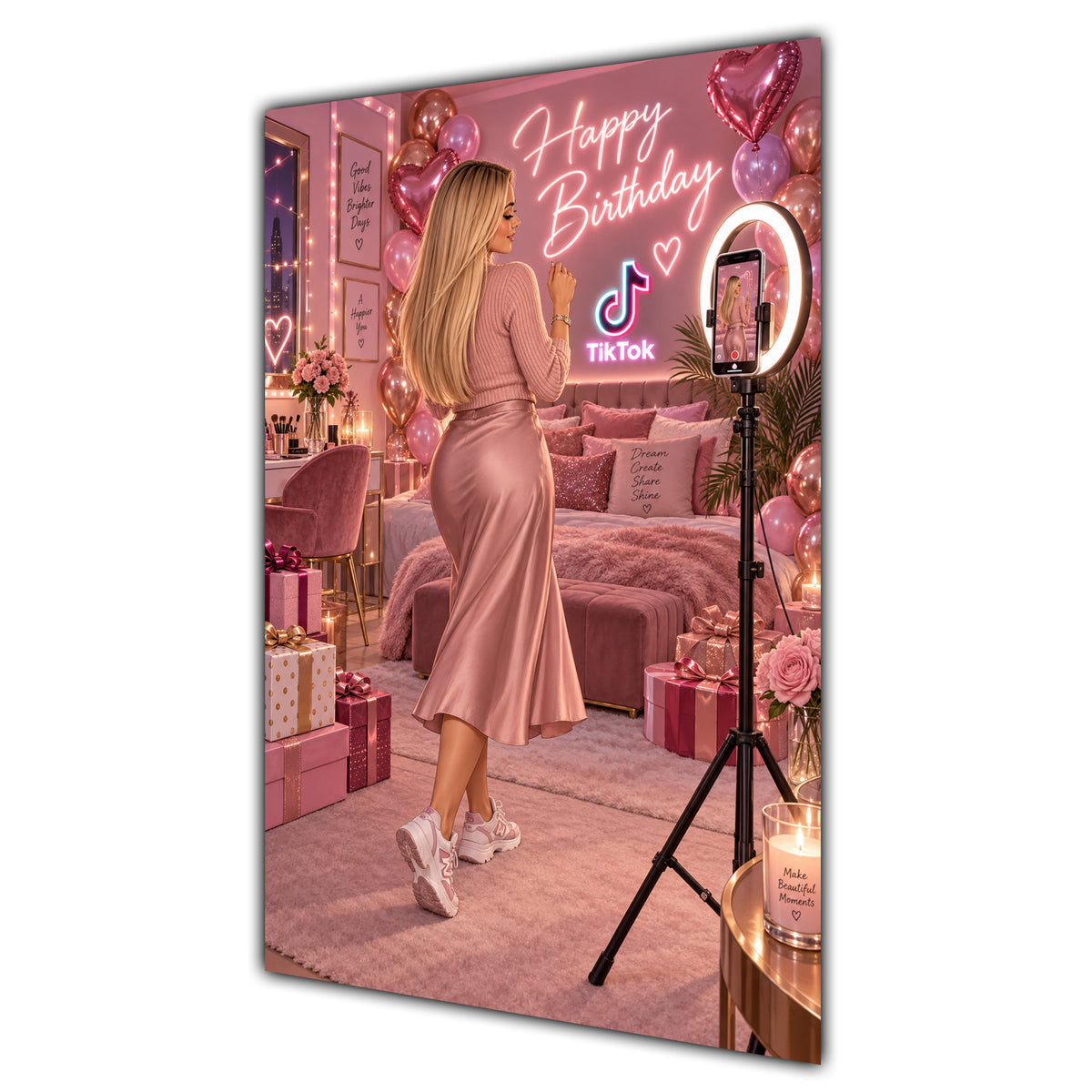 Happy Birthday Blonde Hair Pink Selfie Card A5