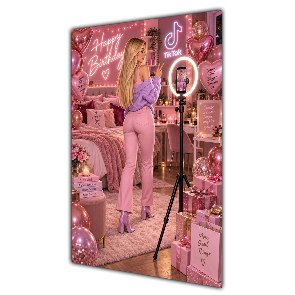 Happy Birthday Blonde Hair Pink Selfie Card A5