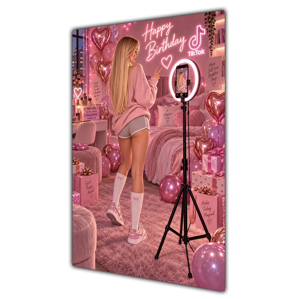 Happy Birthday Blonde Hair Pink Selfie Card A5