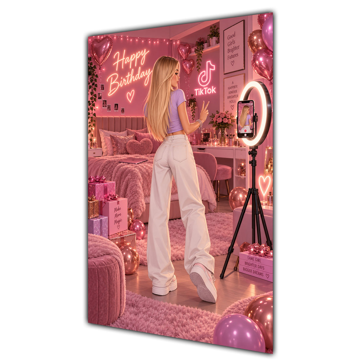 Happy Birthday Blonde Hair Pink Selfie Card A5