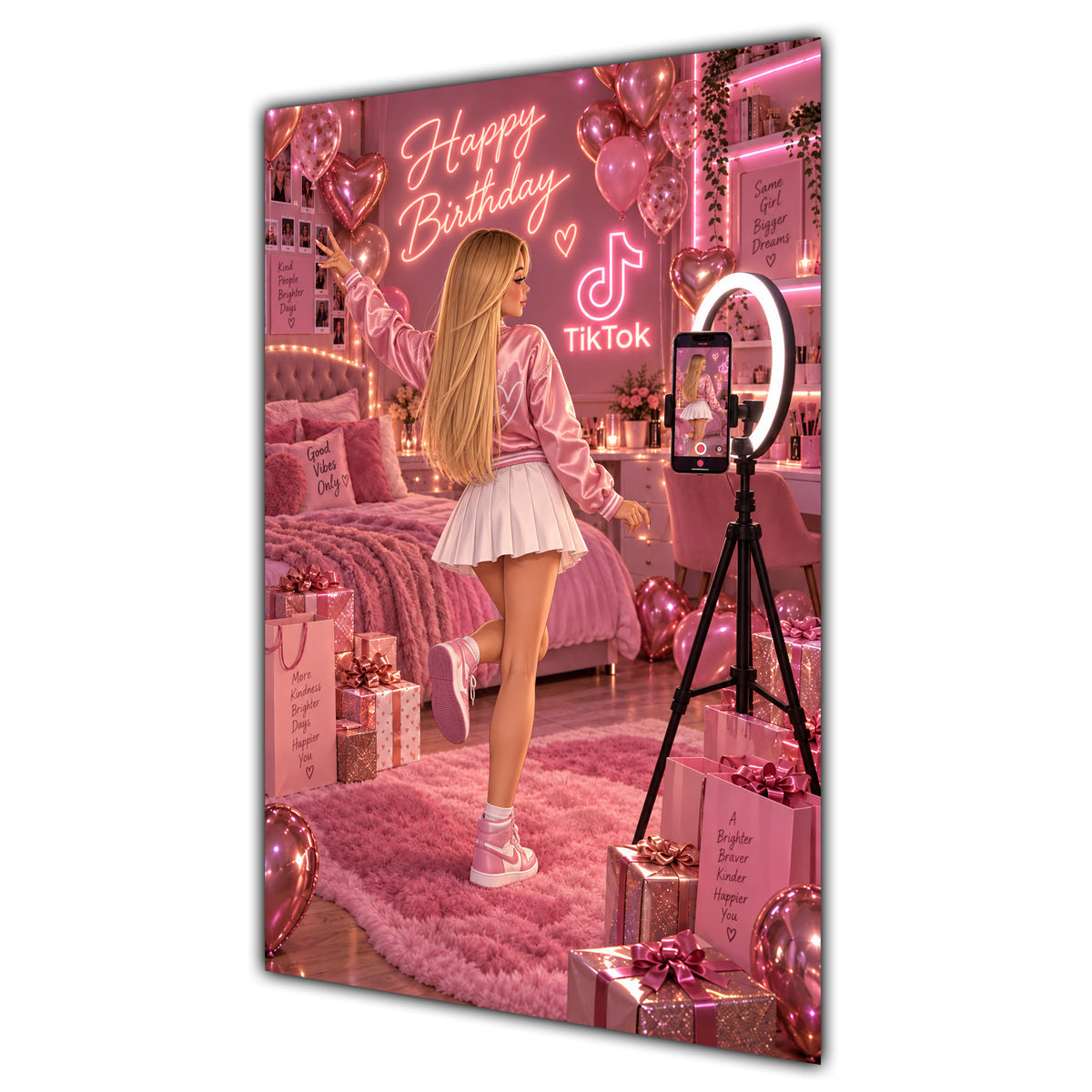 Happy Birthday Blonde Hair Pink Selfie Card A5