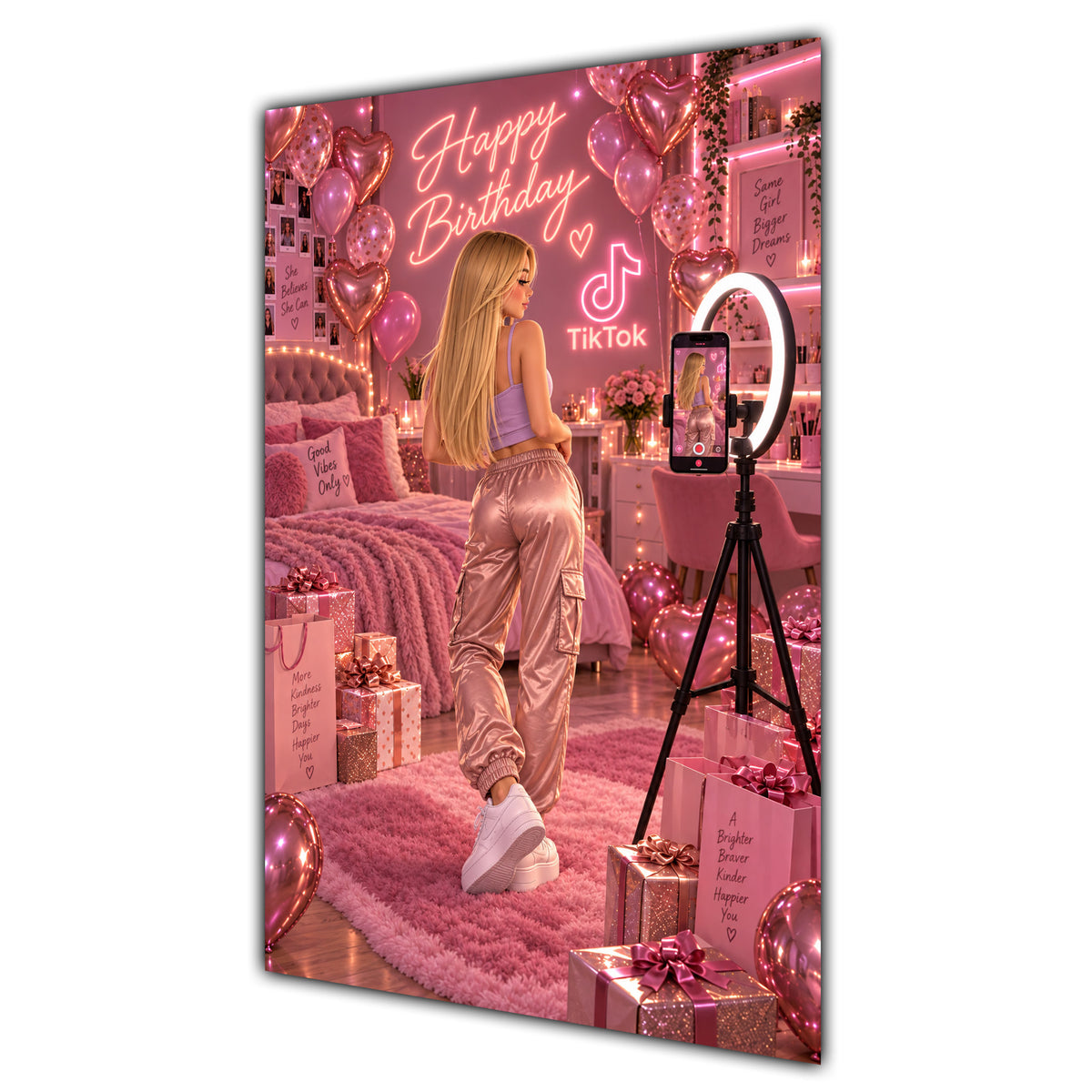 Happy Birthday Blonde Hair Pink Selfie Card A5