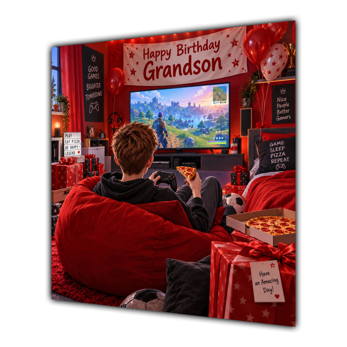 Grandson Birthday Card Gamer Red Beanbag Pizza