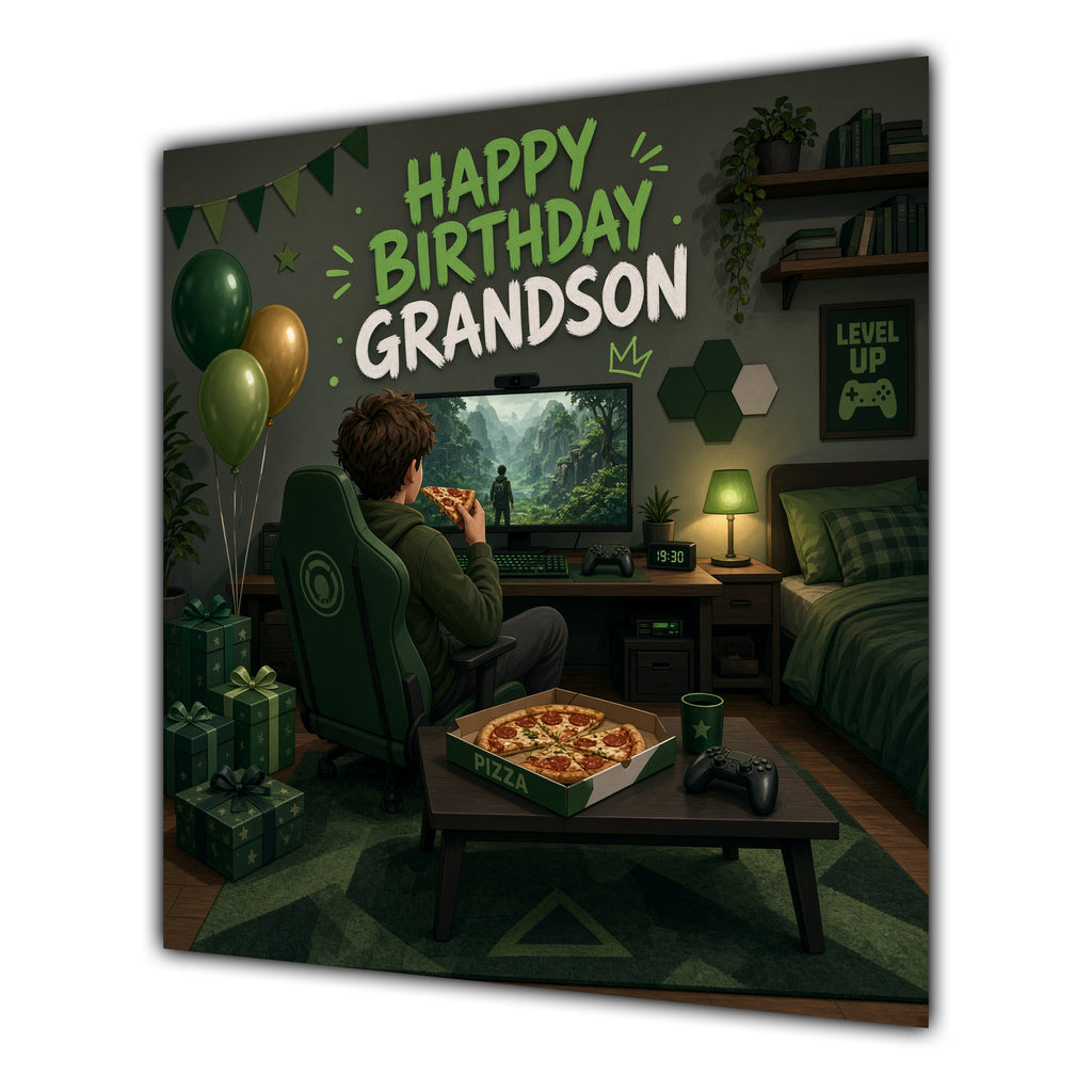Grandson Birthday Card Gamer Green Room Pizza