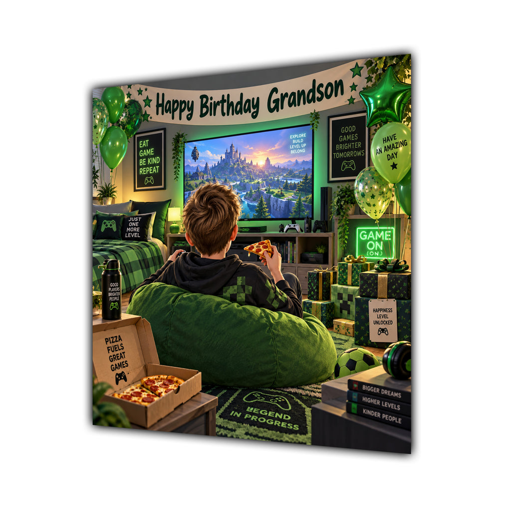 Grandson Birthday Card Gamer Green Beanbag Pizza