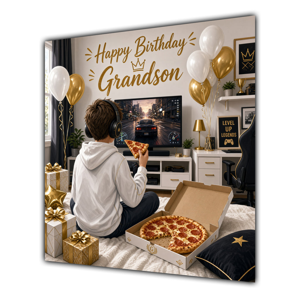 Grandson Birthday Card Gamer White Gold Room Pizza