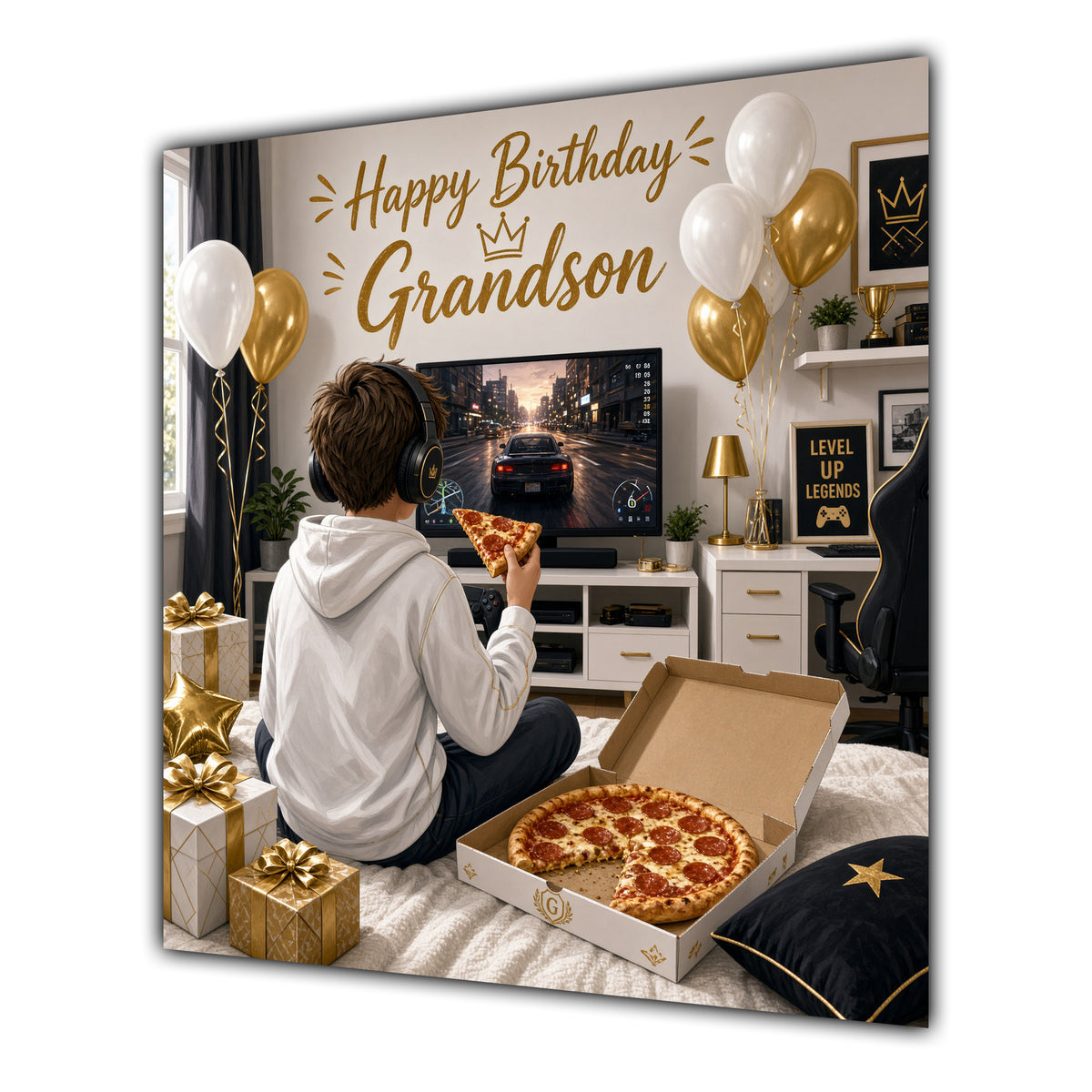 Grandson Birthday Card Gamer White Gold Room Pizza