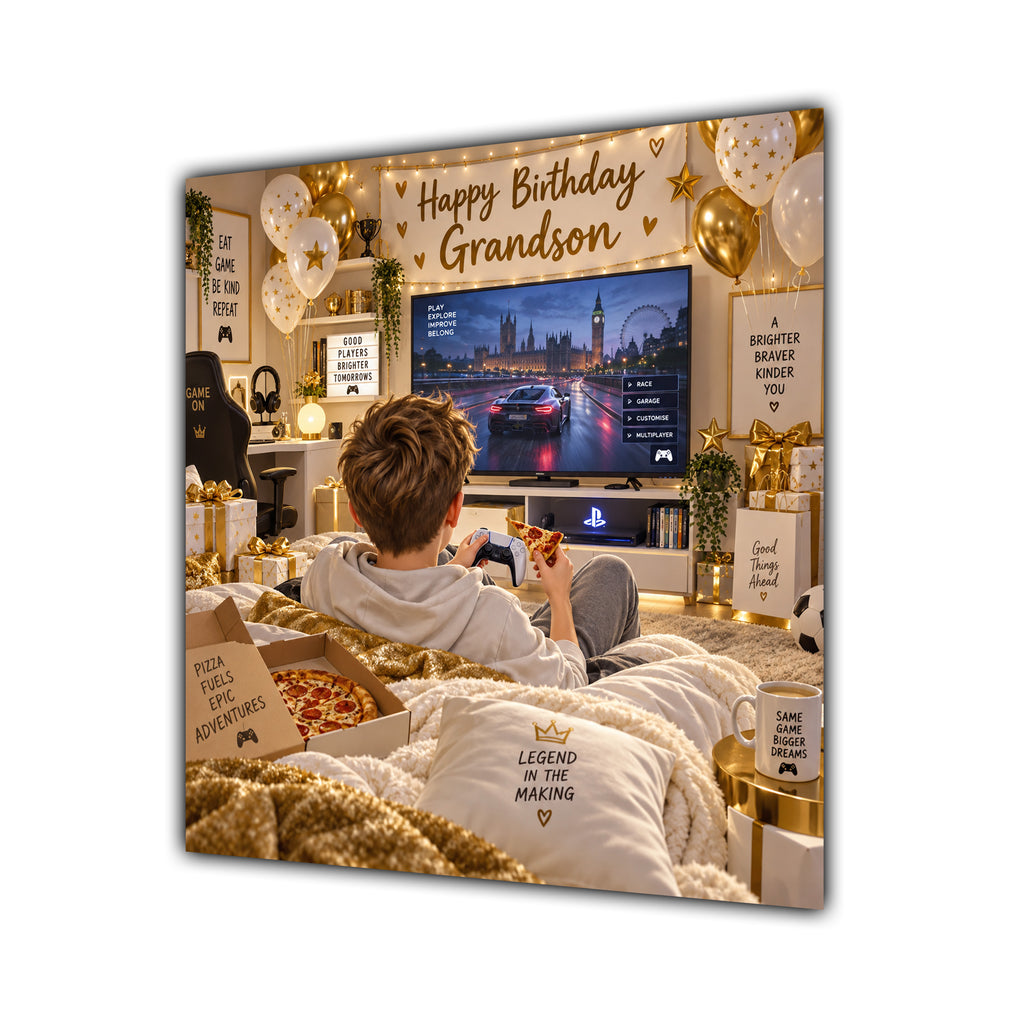 Grandson Birthday Card Gamer Cream Gold Beanbag