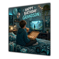 Grandson Birthday Card Gamer Teal Bedroom Pizza