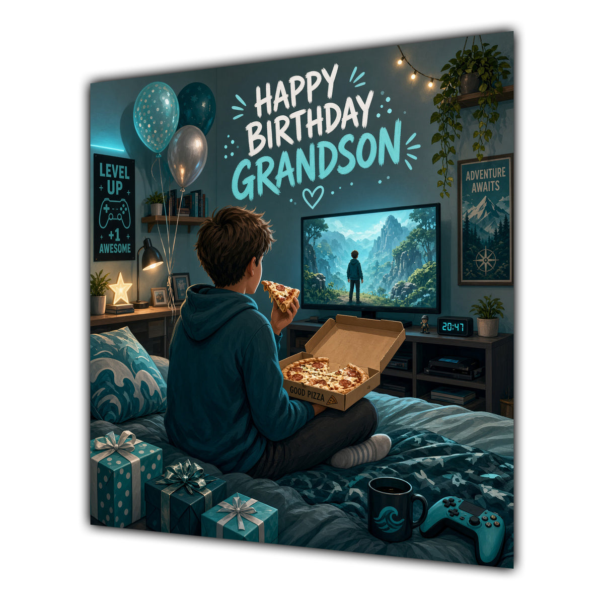 Grandson Birthday Card Gamer Teal Bedroom Pizza