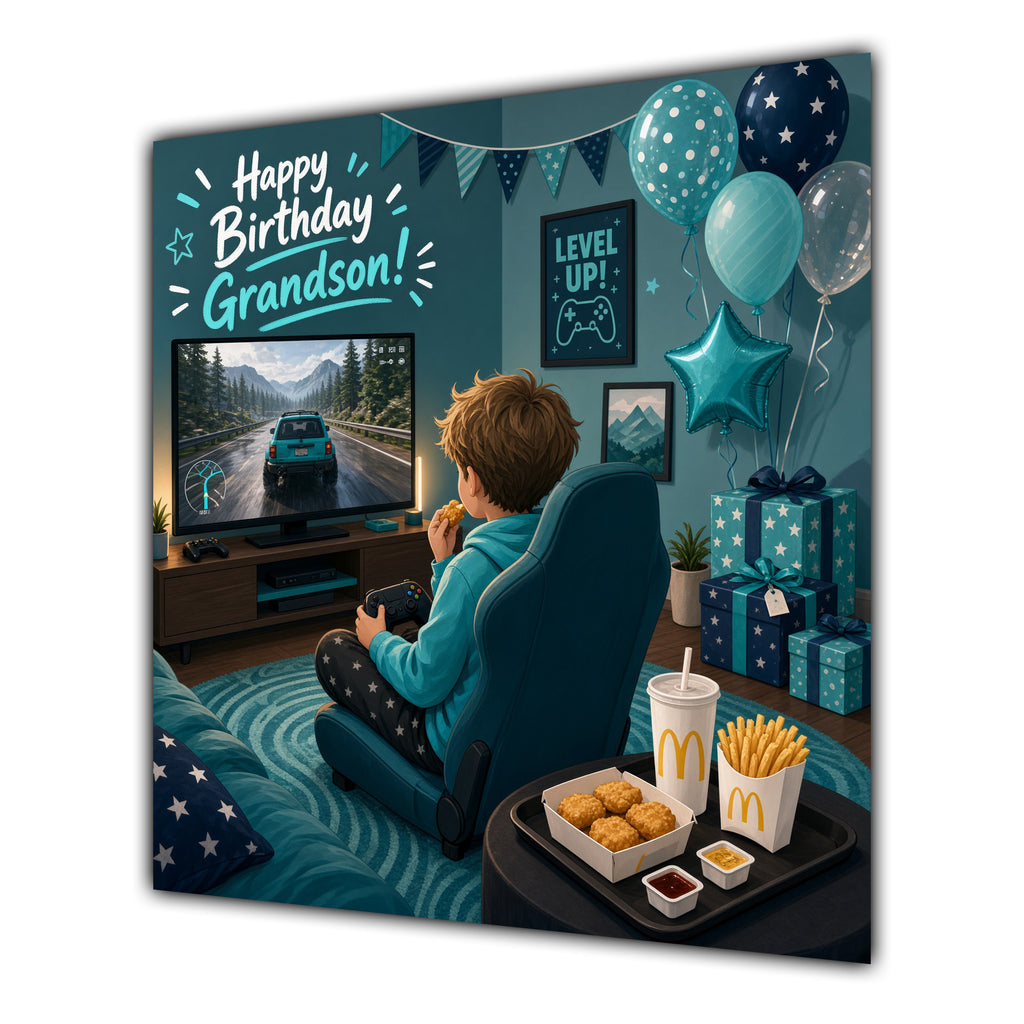 Grandson Birthday Card Gamer Teal Chair Takeaway