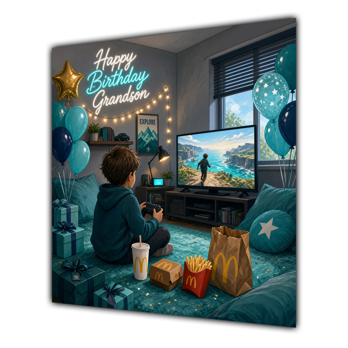 Grandson Birthday Card Gamer Teal Bedroom Takeaway