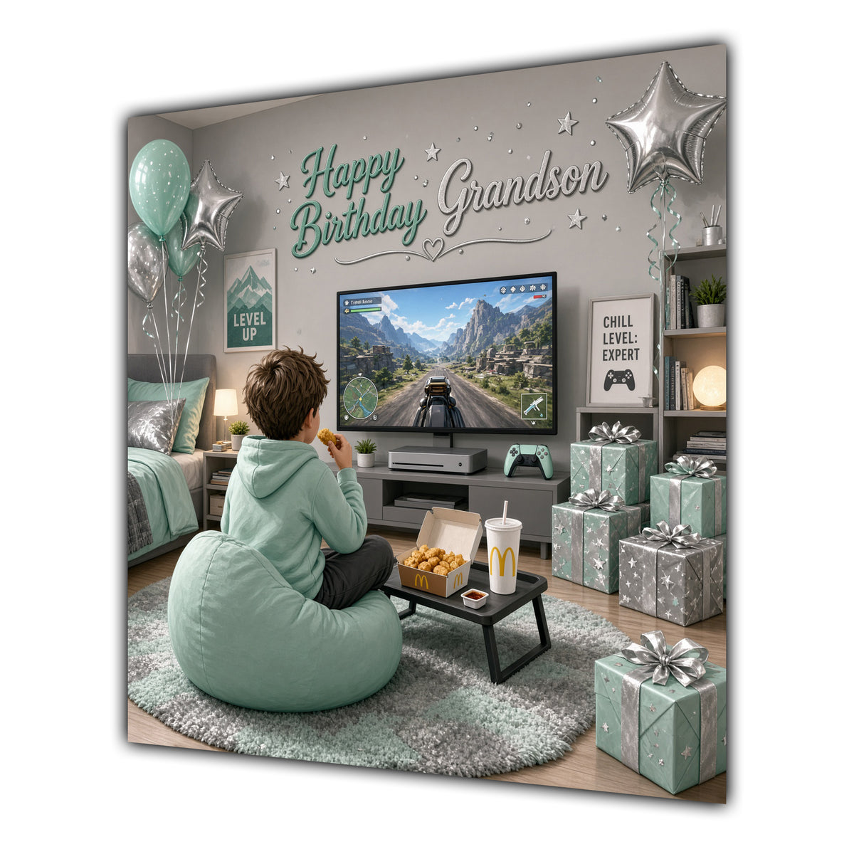 Grandson Birthday Card Gamer Mint Green Beanbag