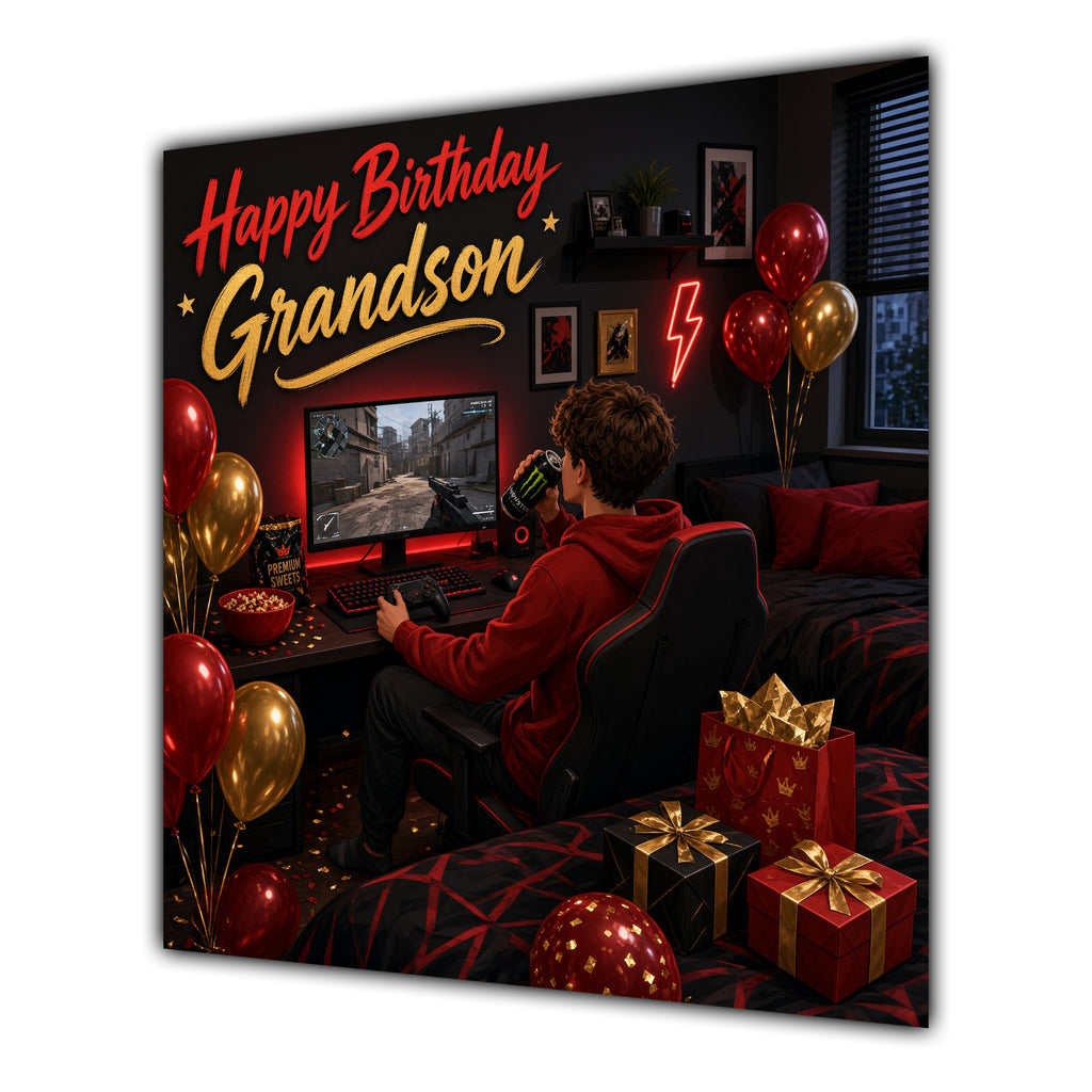 Grandson Birthday Card Gamer Red Gold Desk