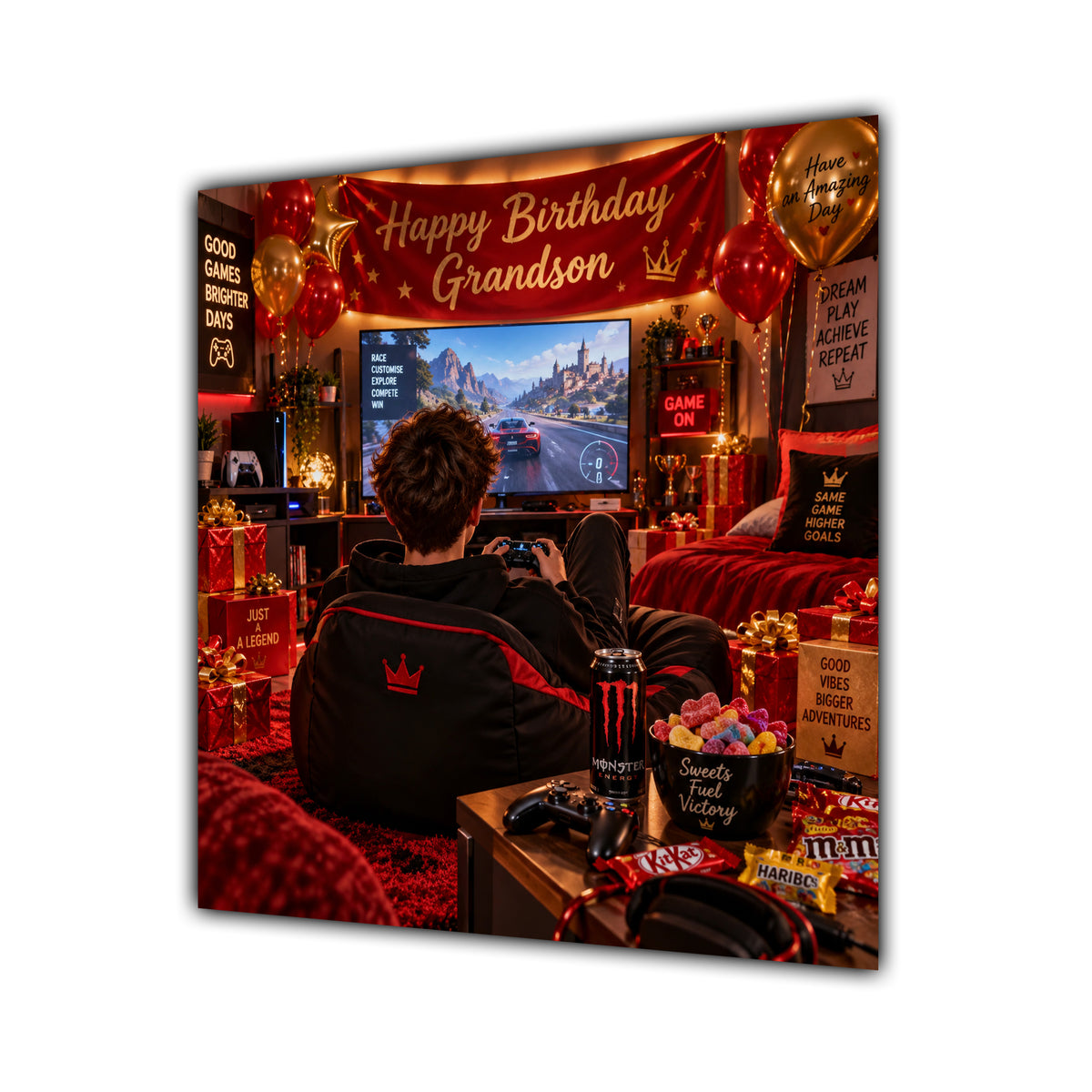 Grandson Birthday Card Gamer Red Gold Gaming Chair