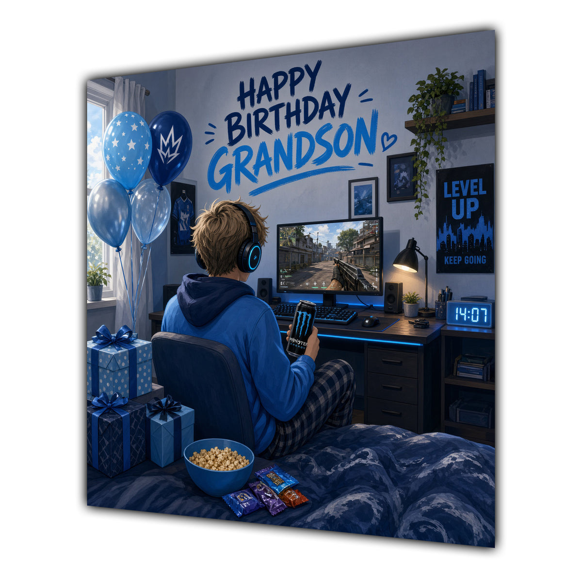 Grandson Birthday Card Gamer Blue Bedroom Snacks