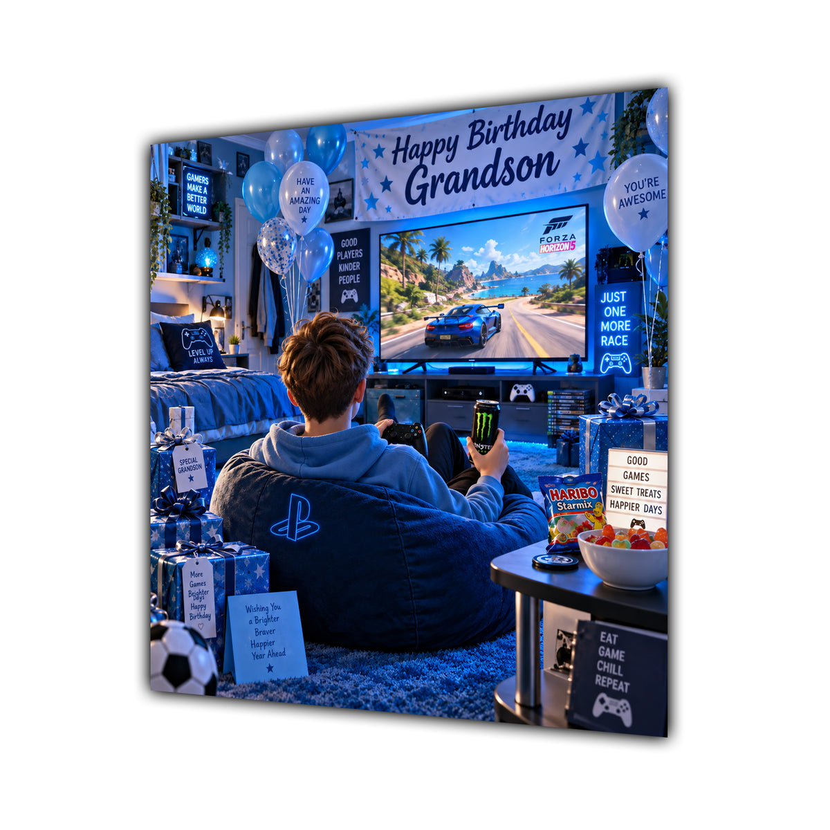 Grandson Birthday Card Gamer Blue Beanbag Racing