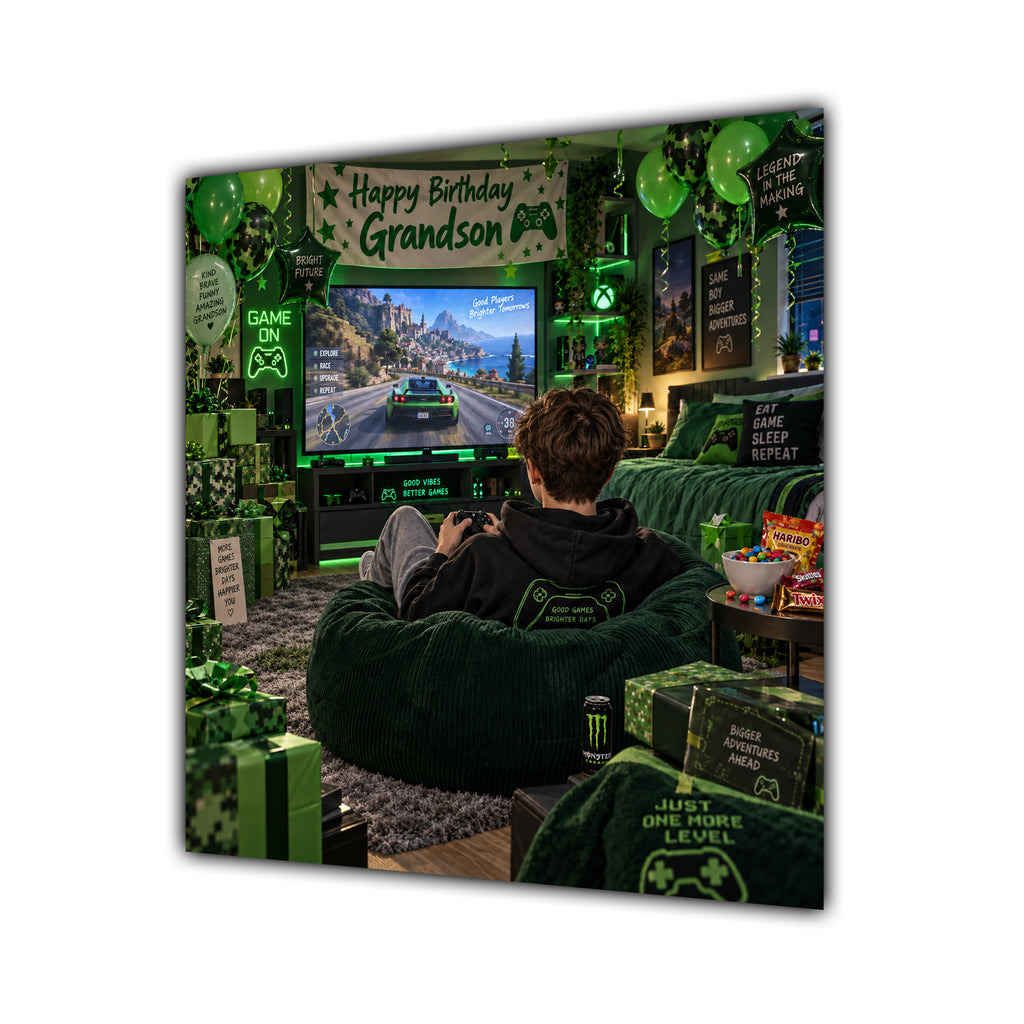 Grandson Birthday Card Gamer Green Beanbag Snacks