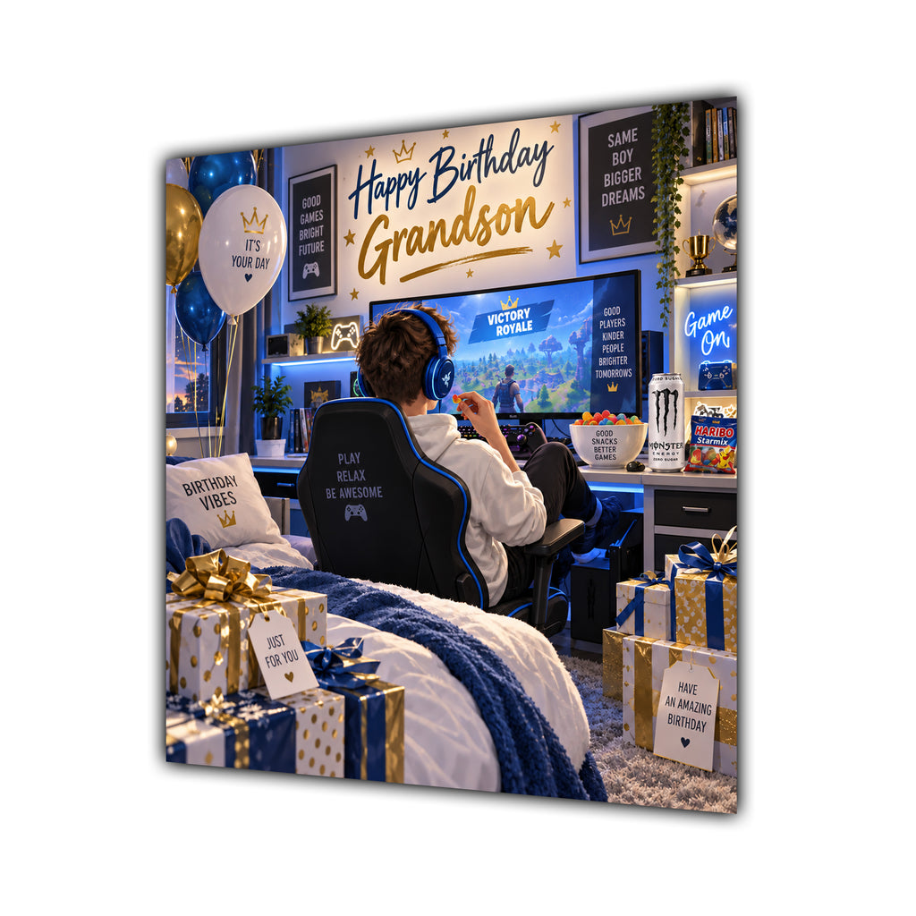 Grandson Birthday Card Gamer Blue Gold Room