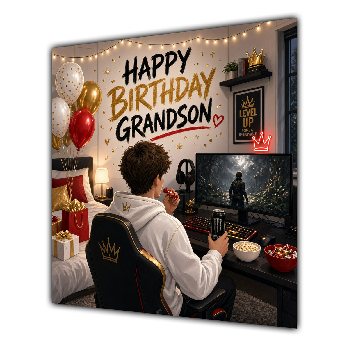 Grandson Birthday Card Gamer Black Gold White Hoodie