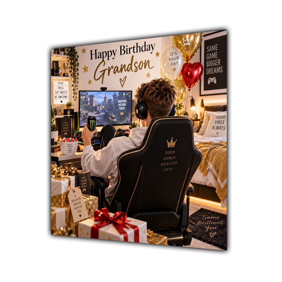 Grandson Birthday Card Gamer Cream Gold Gaming Chair