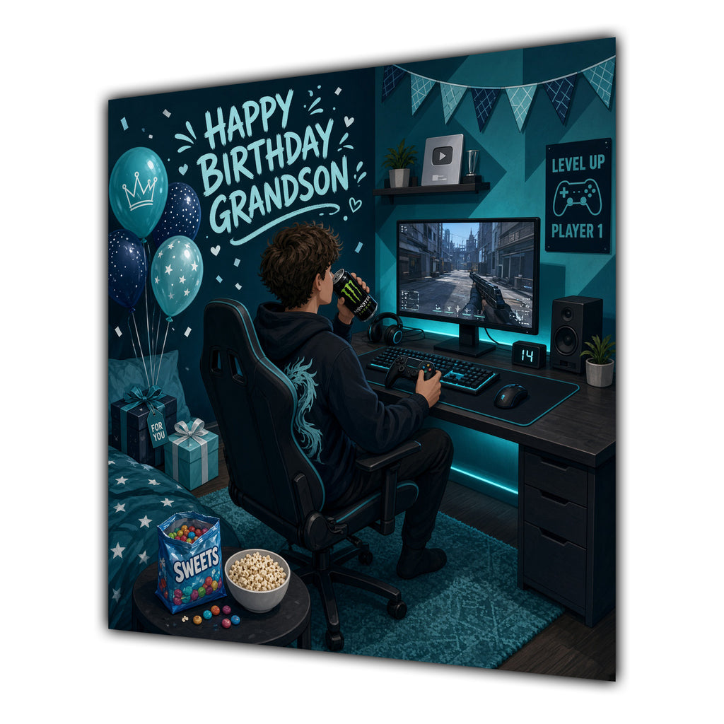 Grandson Birthday Card Gamer Teal Black Gaming Chair